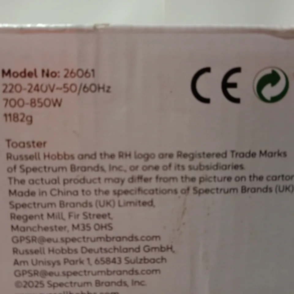 BOXEDRUSSELL HOBBS 2-SLICE TOASTER (RIO 26061) – BLACK, TEXTURED HONEYCOMB