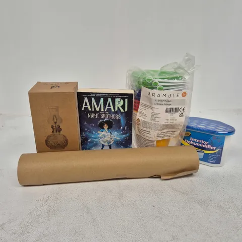 APPROXIMATELY 20 ASSORTED HOUSEHOLD PRODUCTS TO INCLUDE AMARI AND THE NIGHT BROTHERS BOOK, INTERIOR DEHUMIDIFIER, BEACH BUCKETS, ETC - COLLECTION ONLY