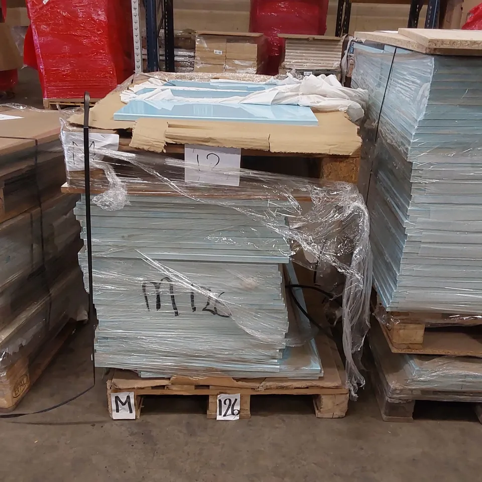 PALLET OF APPROXIMATELY 68 BRAND NEW IVORY CREAM GLOSS KITCHENS/BEDROOM REPLACEMENT CABINET DOOR/DRAWER/END PANELS IN ASSORTED SIZES TO INCLUDE;