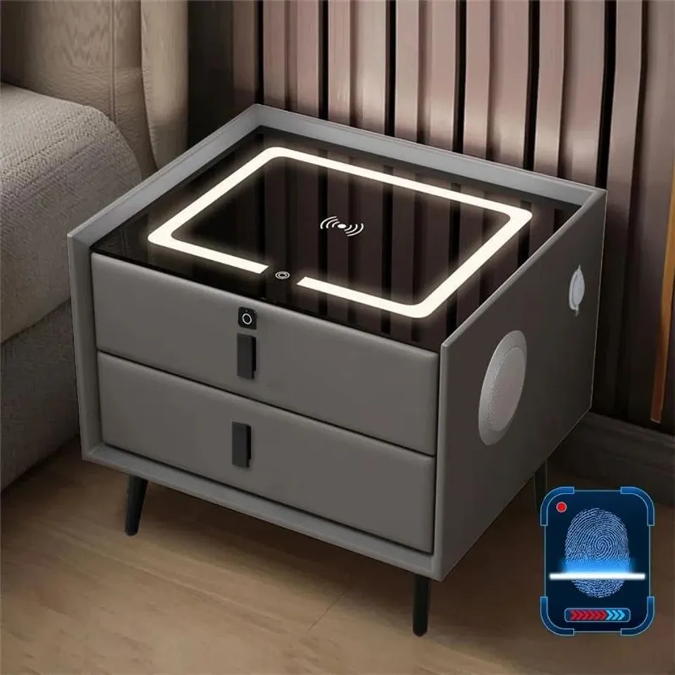 BOXED SMART BEDSIDE TABLE WITH 3-COLOR LIGHT, WIRELESS CHARGING, USB, BLUETOOTH (1 BOX)