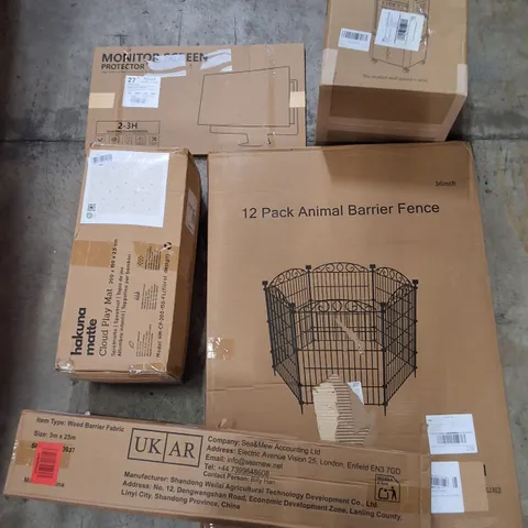 PALLET CONTAINING ASSORTED PRODUCTS INCLUDING AIR COOLER, MONITOR SCREEN PROTECTOR, CLOUD PLAY MAT, 12PACK ANIMAL BARRIER FENCE & WEED BARRIER FABRIC