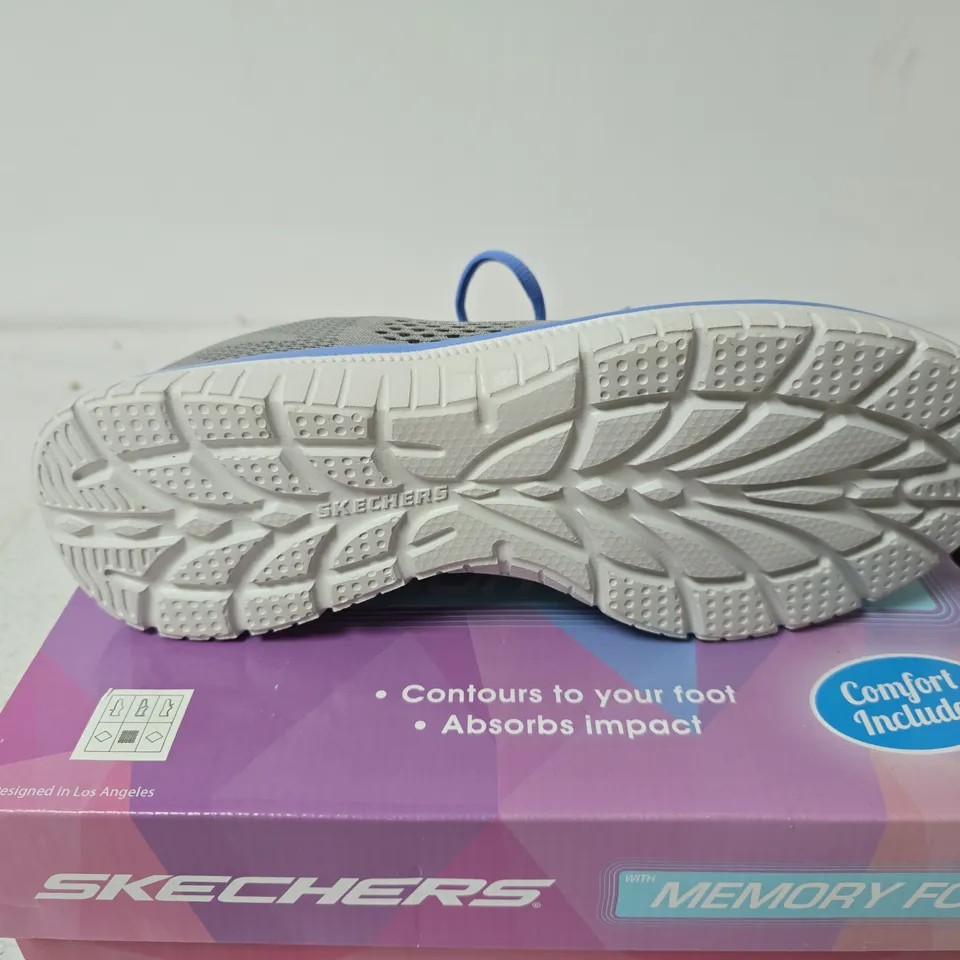 SKECHERS MEMORY FOAM TRAINERS – GREY MESH WITH BLUE LACES UK 6