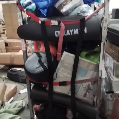 CAGE OF ASSORTED HOUSEHOLD GOODS AND PRODUCTS TO INCLUDE;FAN,DUMBBELL,COOLING GEL PILLOW CASE,MILK FROTHER 