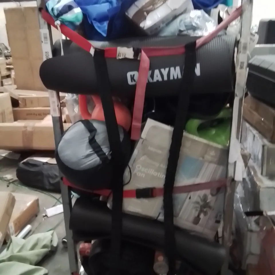 CAGE OF ASSORTED HOUSEHOLD GOODS AND PRODUCTS TO INCLUDE;FAN,DUMBBELL,COOLING GEL PILLOW CASE,MILK FROTHER
