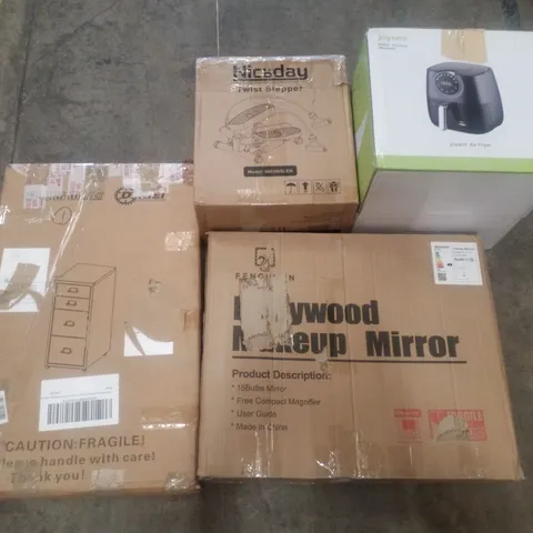 PALLET CONTAINING ASSORTED PRODUCTS INCLUDING AIR FRYER, HOLLYWOOD MAKEUP MIRROR, TWIST STEPPER, MOBILE FILLING CABINET 