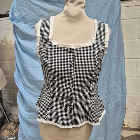 NOBODY'S CHILD DEIA WAISTCOAT TOP – BLACK-AND-WHITE GINGHAM WITH LACE TRIM, UK 8