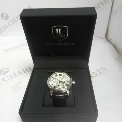 MENS LOUIS LACOMBE CHRONOGRAPH WATCH β TEXTURED ROMAN NUMERAL DIAL β LEATHER STRAP