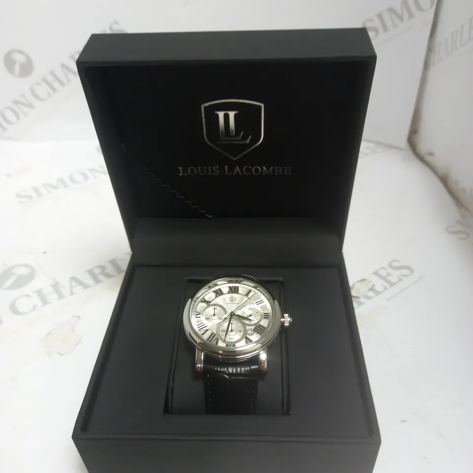 MENS LOUIS LACOMBE CHRONOGRAPH WATCH – TEXTURED ROMAN NUMERAL DIAL – LEATHER STRAP 