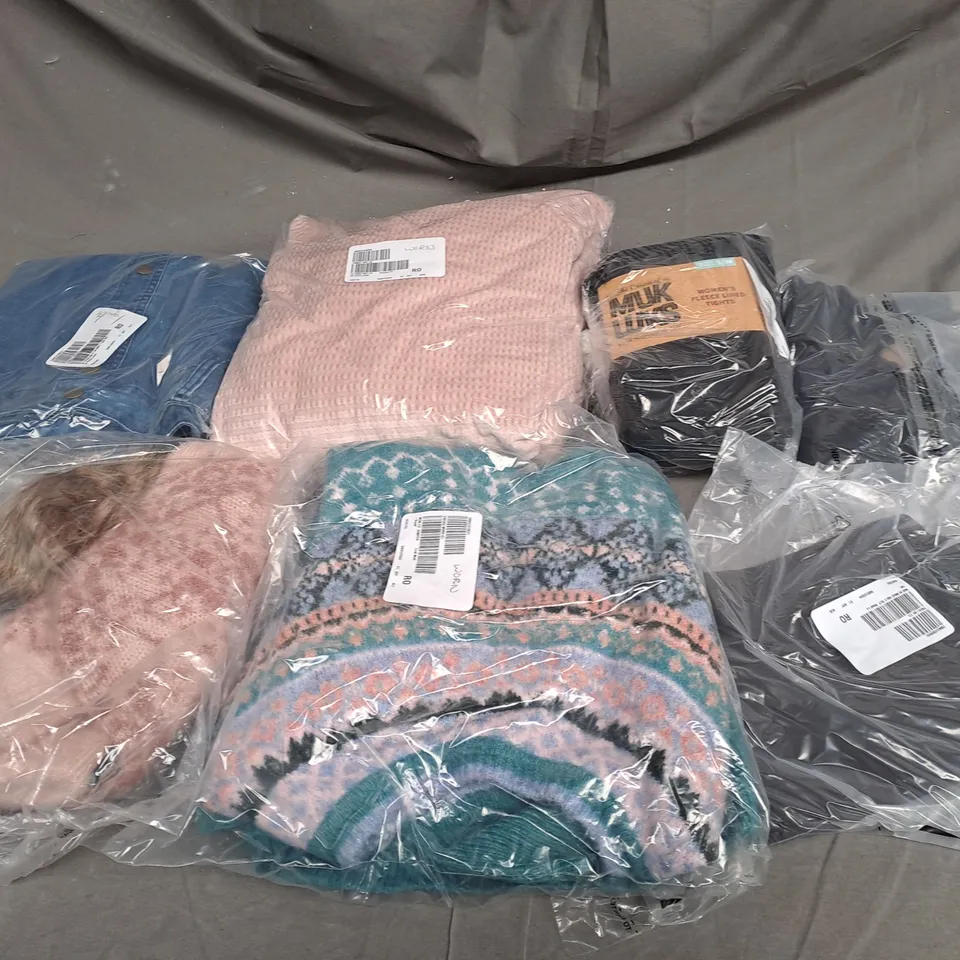 BOX OF ASSORTED CLOTHING ITEMS TOO INCLUDE COATS , TOPS, AND TROUSERS   ETC. 