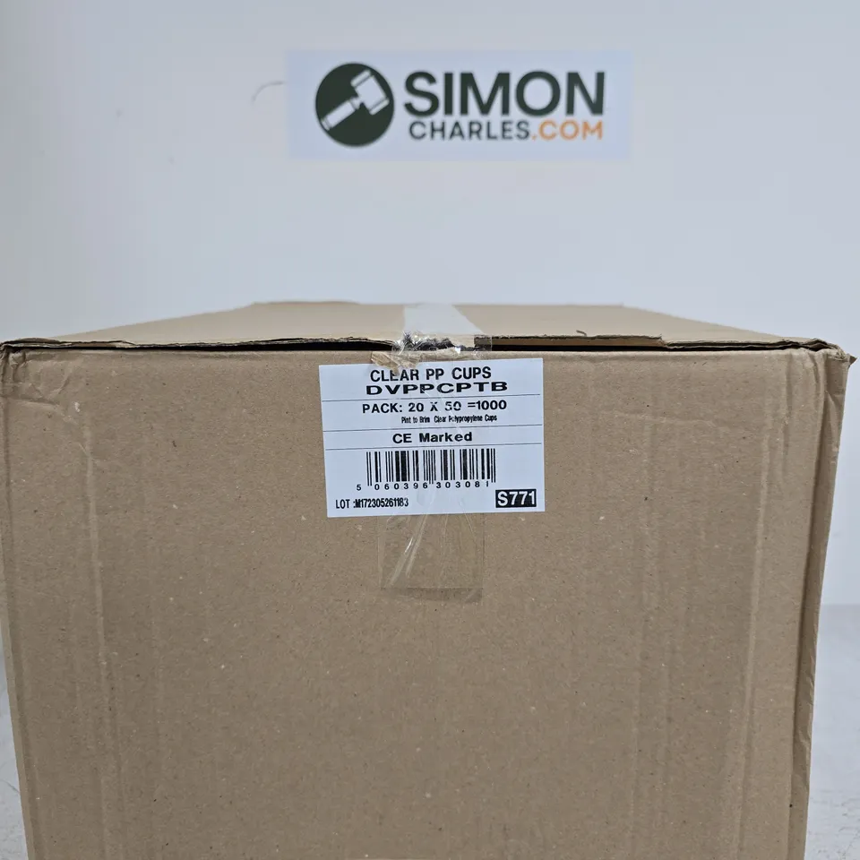 BOXED LARGE AMOUNT OF CLEAR PLASTIC CUPS