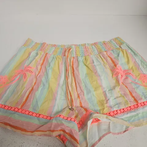 RIVER ISLAND WOMENS PASTEL RAINBOW STRIPE SKIRT – SMOCKED WAIST, PINK TRIM, UK XL