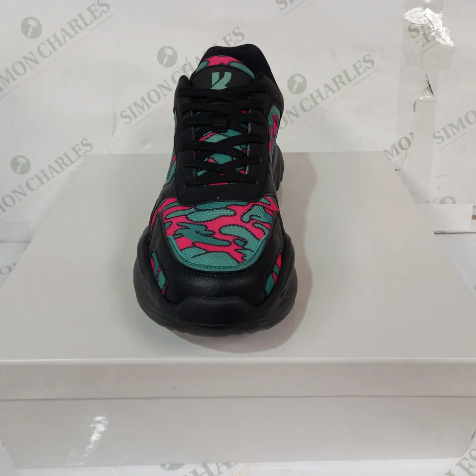 BOXED PAIR OF KOI VEGAN TRAINERS IN BLACK/PINK/GREEN PATTERN SIZE UNSPECIFIED