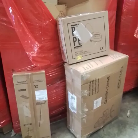 PALLET OF ASSORTED HOUSEHOLD GOODS AND PRODUCTS TO INCLUDE;RAKE,GAMING CHAIR,TOILET RAISER