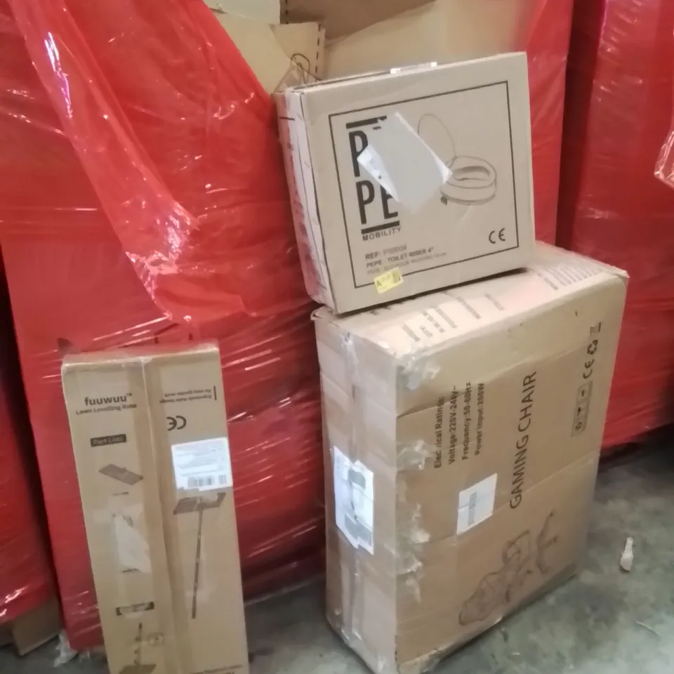 PALLET OF ASSORTED HOUSEHOLD GOODS AND PRODUCTS TO INCLUDE;RAKE,GAMING CHAIR,TOILET RAISER 