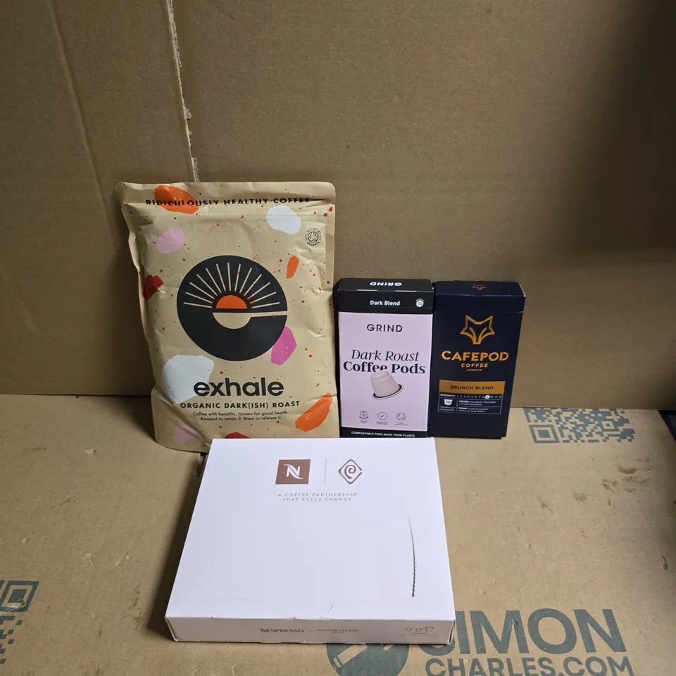 TOTE OF APPROXIMATELY 12 ASSORTED COFFEE TO INCLUDE EXHALE DARK ROAST, GRIND DARK ROAST PODS AND NESPRESSO