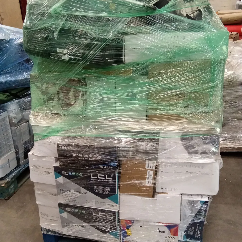 PALLET OF ASSORTED HOUSEHOLD GOODS AND PRODUCTS TO INCLUDE; A LARGE QUANTITY OF TONER CARTRIDGES, HEATERS, PEDESTAL FAN, KITCHEN BIN, CHRISTMAS TREE ETC