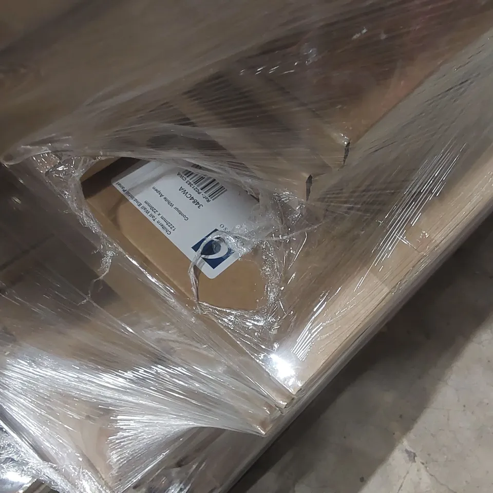 PALLET CONTAINING A LARGE QUANTITY OF ASSORTED BATHROOM FURNITURE PARTS INCLUDING: VANITY CARCASS, TALL WALL END/INFIL PANEL, BASIN DOOR ECT