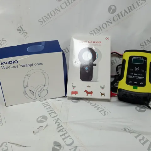 APPROXIMATELY 10 ASSORTED ITEMS TO INCLUDE KVIDIO WIRELESS HEADPHONES, ANIMAL TAG READER, MULTI-FUNCTION CHARGER ETC.