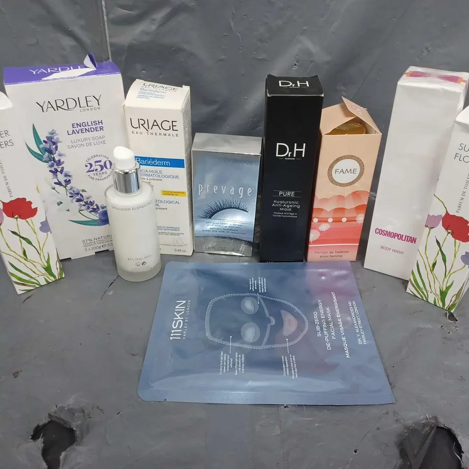 APPROXIMATELY 10 ASSORTED COSMETICS ITEMS TO INCLUDE SUMMER FLOWERS EAU DE TOILETTE (50ML), DR H PURE HYALURONIC ANTI-AGEING MASK (50ml), URIAGE BARIEDERM CICA-OIL (100ml), ETC