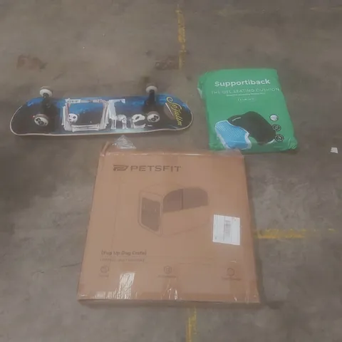 PALLET OF ASSORTED HOUSEHOLD GOODS AND PRODUCTS TO INCLUDE; SKATEBOARD, SUPPORT GEL SEATING CUSHION, POP-UP DOG CRATE ETC