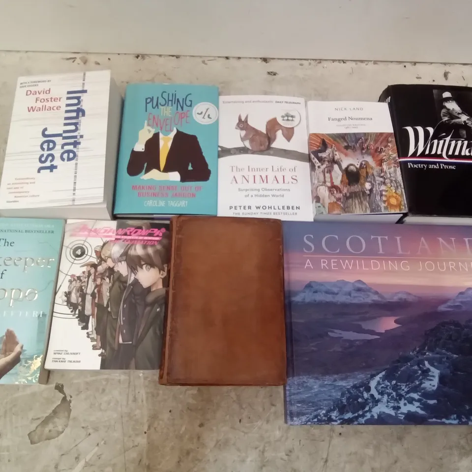 CAGE OF ASSORTED BOOKS BY STEVEN GERRARD, MATT HRANEK, ROBERT GREENE, DAVID FOSTER WALLACE, PETER WOHLLEBEN, NICK LAND