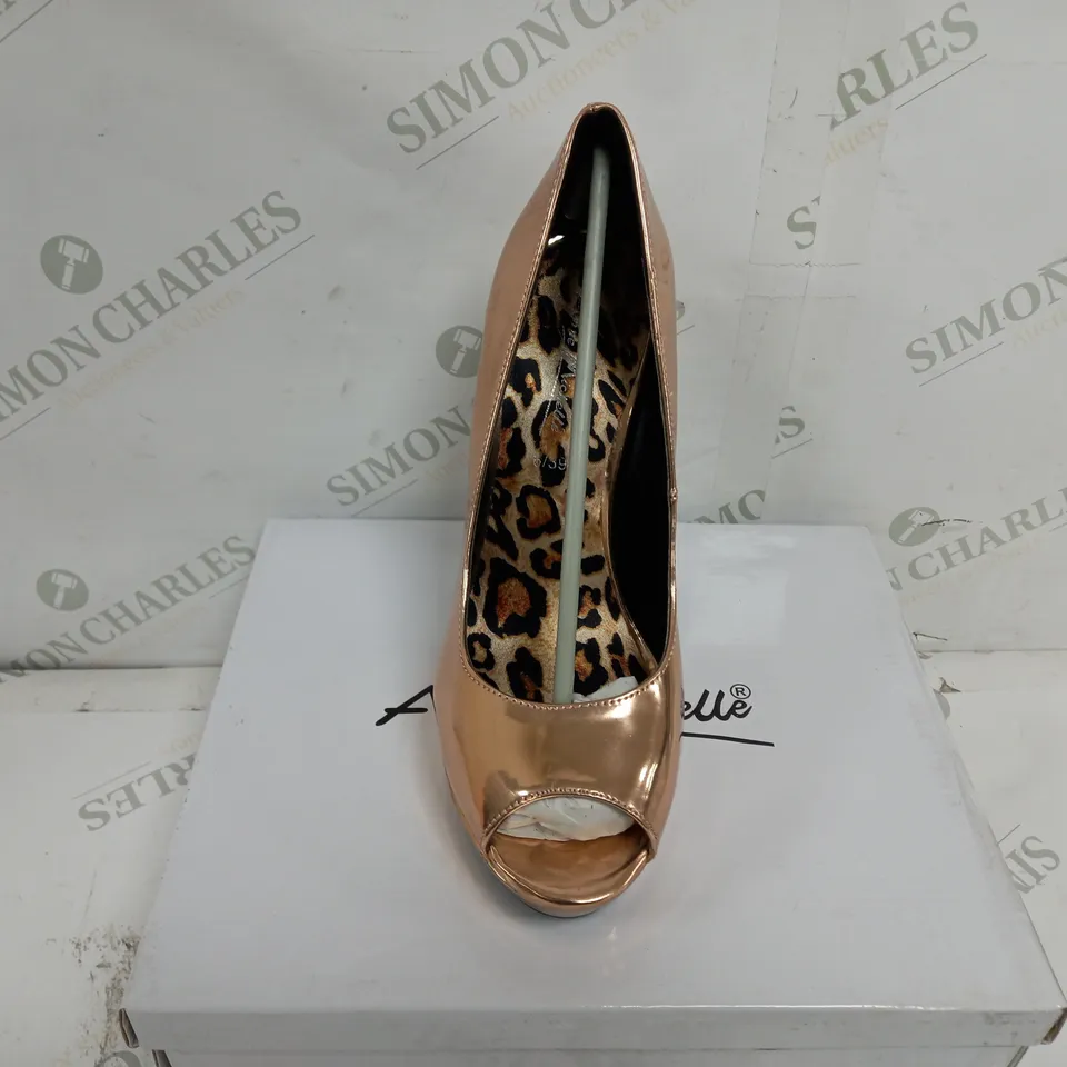 APPROXIMATELY 12 BOXED PAIR OF ANNE MICHELLE OPEN TOE HIGH HEELED PLATFORM SHOES IN ROSE GOLD TO INCLUDE SIZES 3, 5, 6, 7 