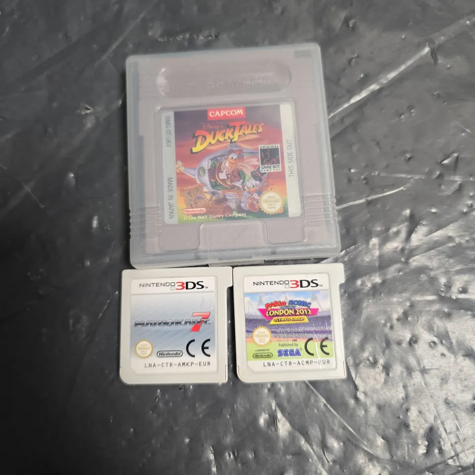 THREE ASSORTED RETRO GAMES TO INCLUDE; DISNEY DUCK TALES(GAME BOY), MARIO KARY 7(NINTENDO 3DS) AND MARIO AND SONIC LONDON 2012(NINTENDO 3DS)