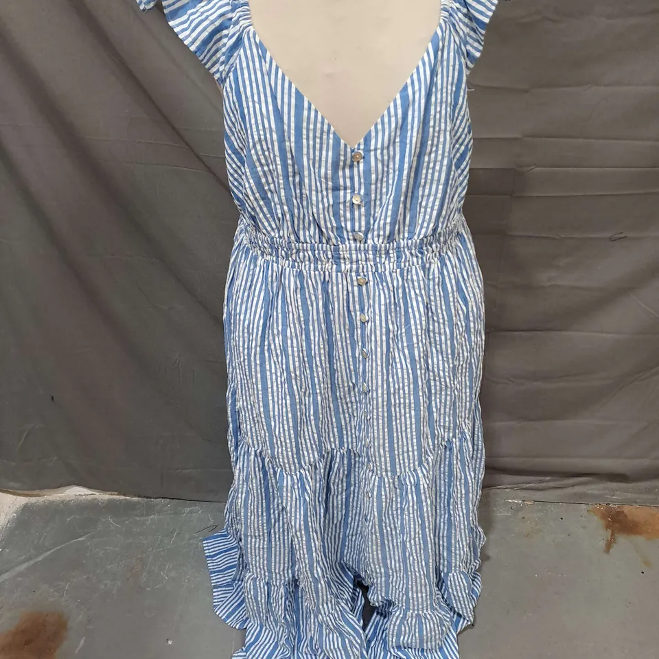 MINT VELVET STRIPE RUFFLE MAXI DRESS IN BLUE SIZE 18