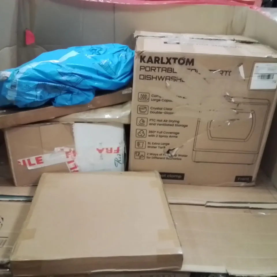 PALLET OF ASSORTED HOUSEHOLD GOODS AND PRODUCTS TO INCLUDE;SIDE TABLE,TOILET SEAT BOOSTER,PORTABLE DISHWASHER 