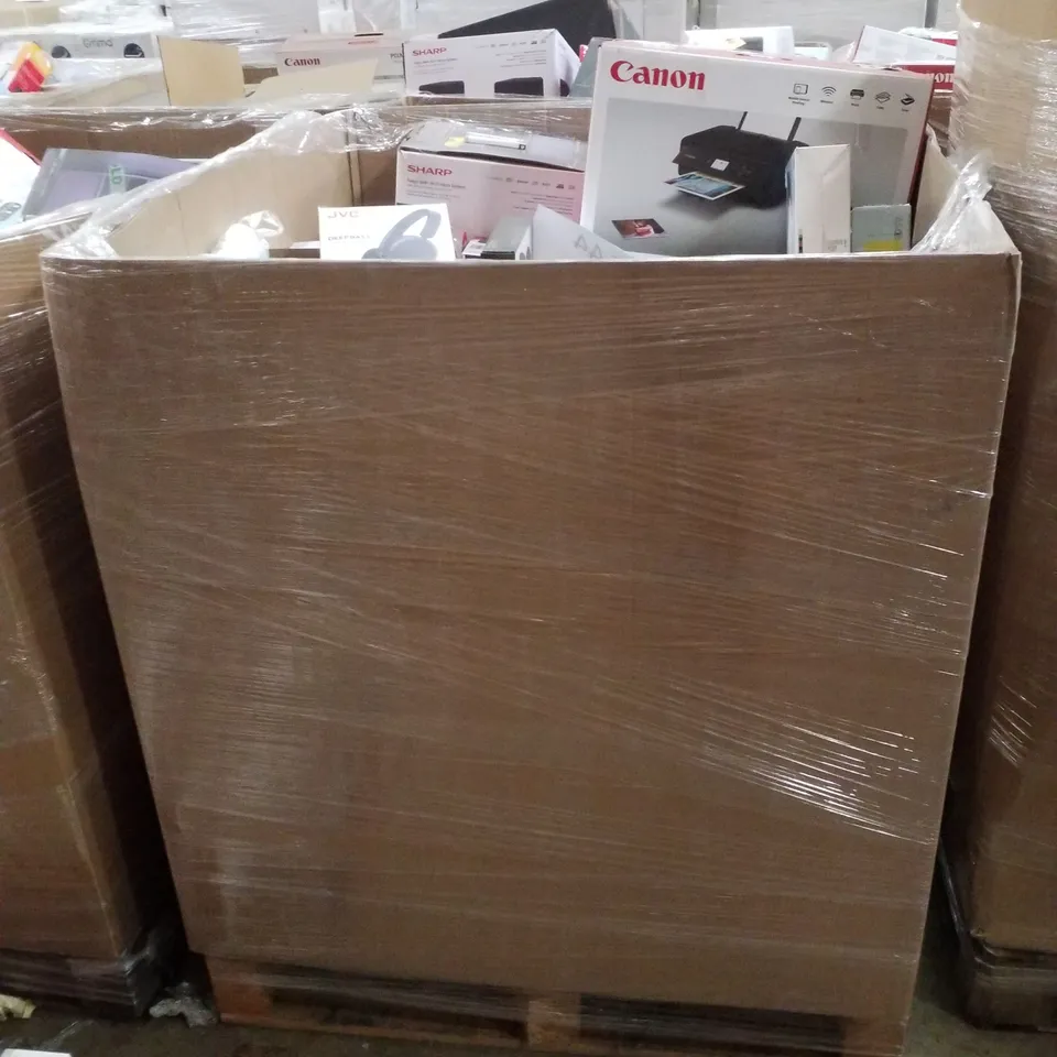 PALLET CONTAINING ASSORTED ELECTRICAL PRODUCTS INCLUDING CANON PIXMA TS3350 PRINTER, GAMING KEYBOARD, WIRELESS HEADPHONES, BLUETOOTH SPEAKER, UNIVERSAL REMOTE & WI-FI EXTENDER 