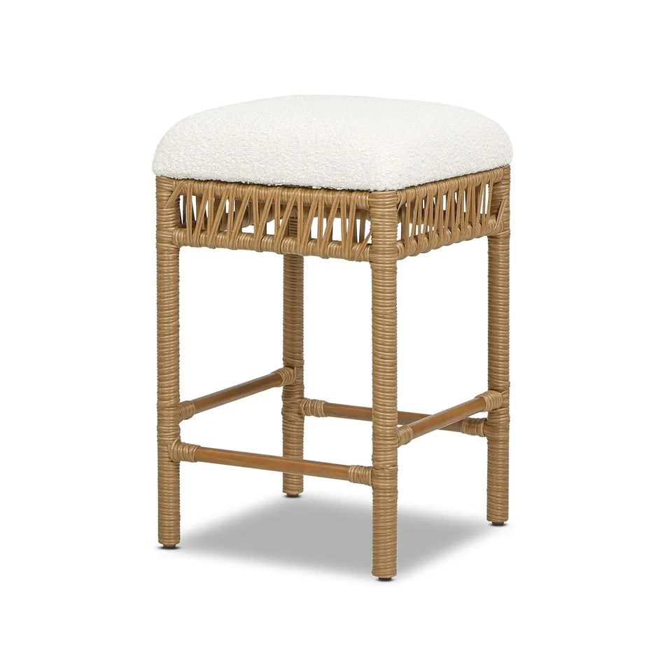BOXED LUCIA 25.5" BACKLESS UPHOLSTERED COUNTER STOOL WITH RESIN RATTAN FRAME, IVORY WHITE BOUCLÉ (1 BOX)