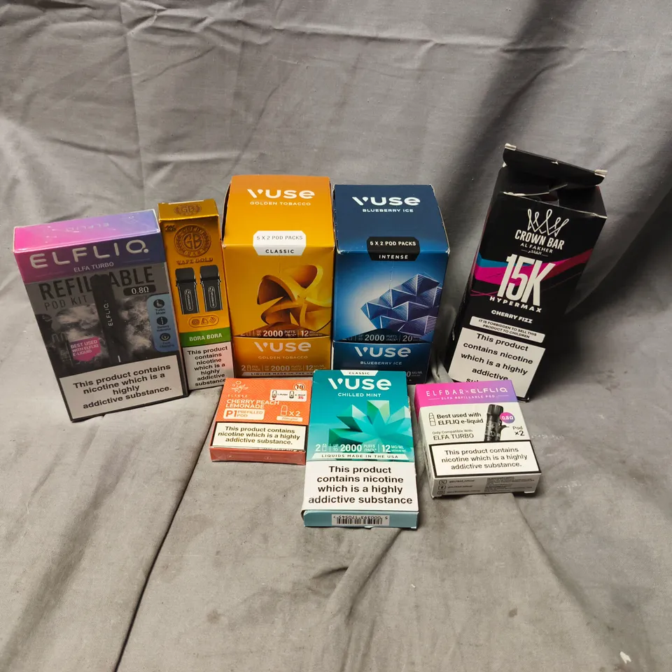APPROXIMATELY 20 ASSORTED E-CIGARETTE PRODUCTS TO INCLUDE BRANDS SUCH AS ELFLIQ, VUSE, ELFBAR, ETC - COLLECTION ONLY