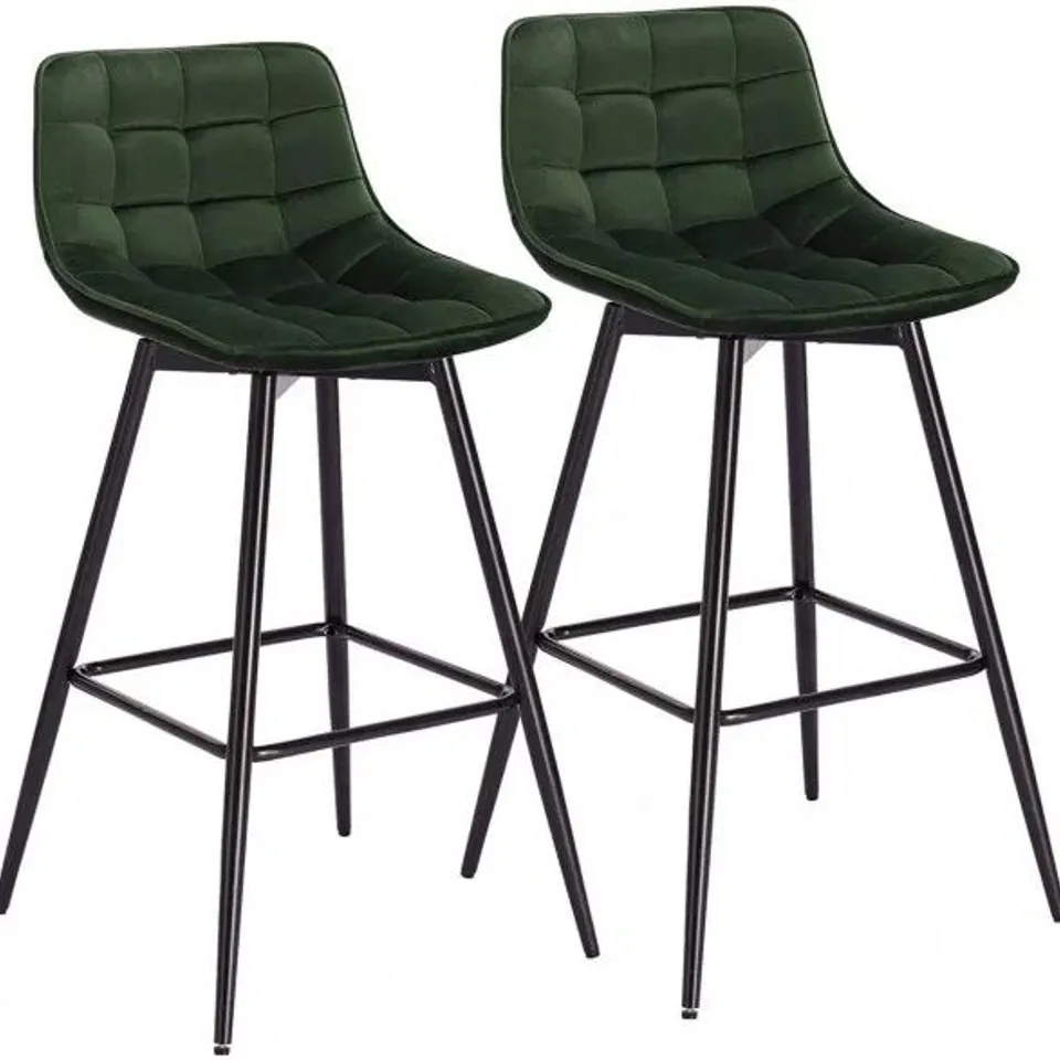 BOXED SET OF TWO DARK GREEN VELVET STOOLS WITH BLACK METAL BACKREST AND FEET WOLTU