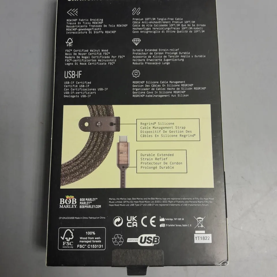 BOXED BOB MARLEY REWIND CHARGING CABLE USB-A TO USB-C 10FT/3M