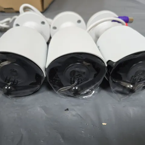 SWANN THREE WHITE BULLET CCTV SURVEILLANCE CAMERAS WITH MOUNTING BASES AND CABLES