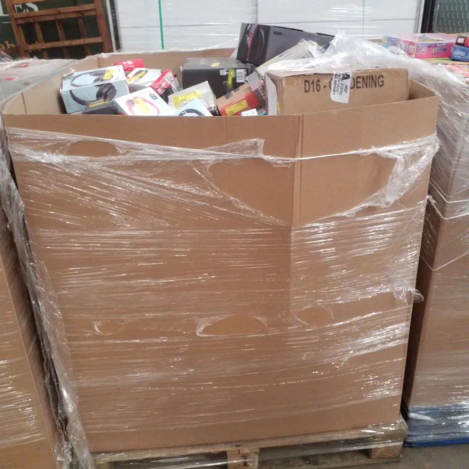 PALLET CONTAINING ASSORTED ELECTRICAL RETURNS INCLUDING BLUETOOTH PARTY SPEAKERS, WIRELESS HEADPHONES, AERIALS, 25W COMPACT SOUNDBAR, POCKET RADIO & LONG ARM PHONE HOLDER