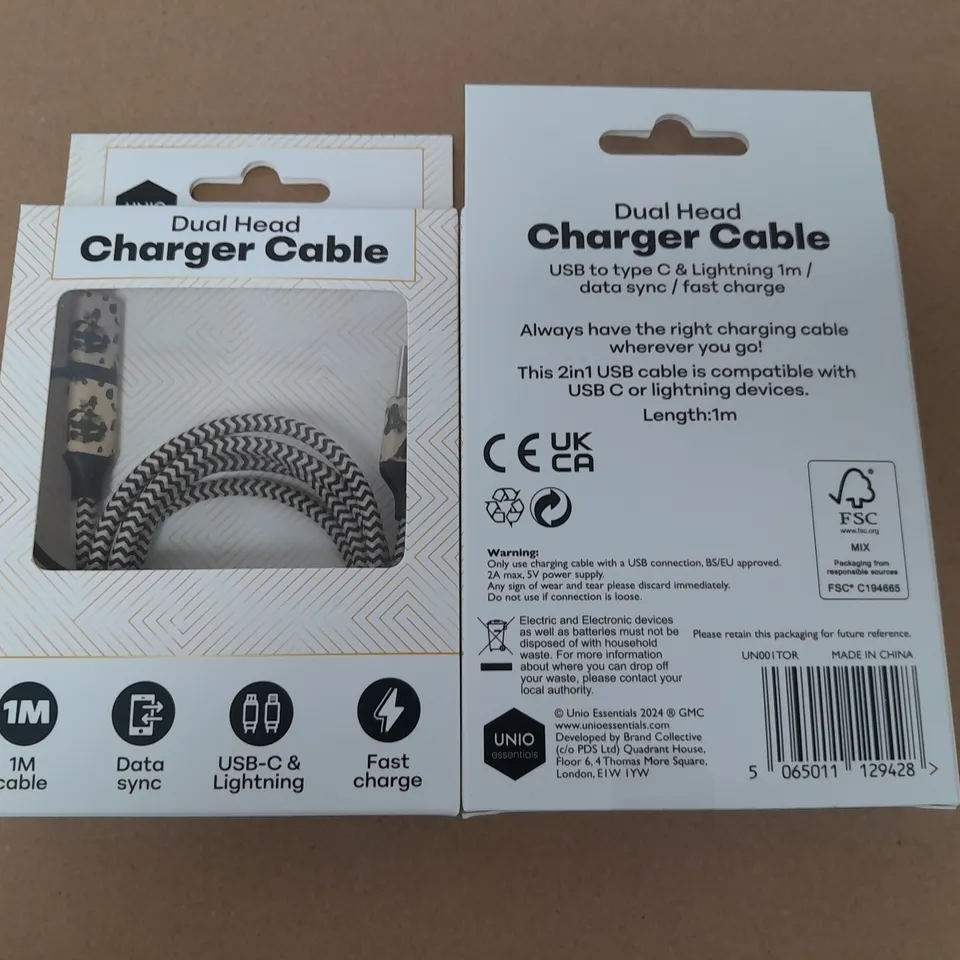 LOT OF 48 BRAND NEW BOXED 1M DUAL HEAD CHARGER CABLES - TORTOISE