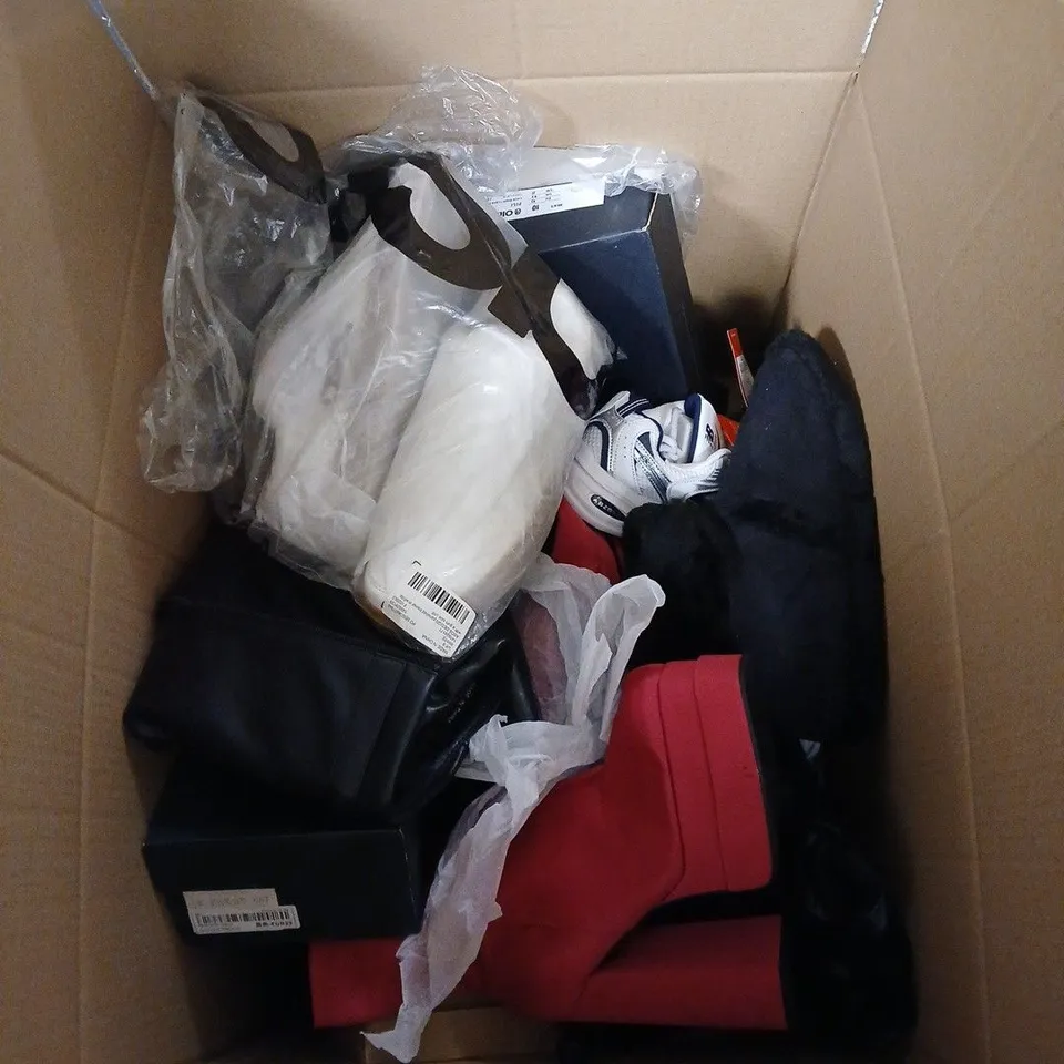 BOX OF APPROXIMATELY 15 ASSORTED PAIRS OF SHOES AND FOOTWEAR ITEMS IN VARIOUS COLOURS, STYLES, AND SIZES