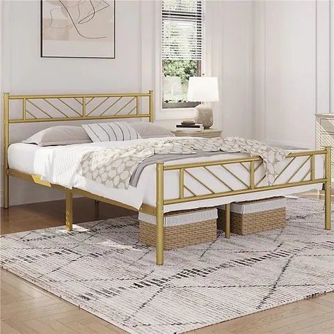 BOXED YAHEETECH METAL BED FRAME WITH ARROW DESIGN HEADBOARD AND FOOTBOARD//SIZE: DOUBLE - ANTIQUE GOLD (1 BOX)