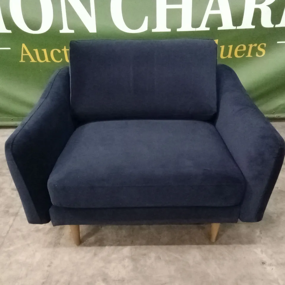 BRAND NEW BOXED SNUG REBEL BLUE VELVET SNUGGLER CHAIR (4 BOXES)