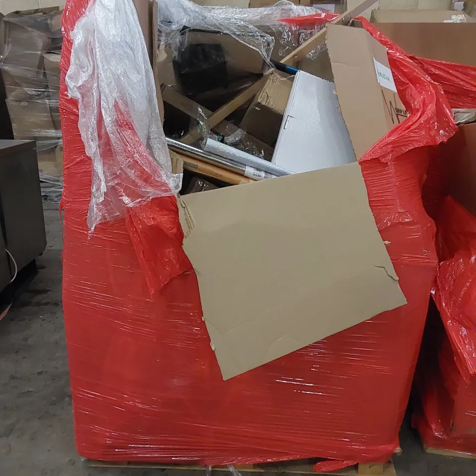 PALLET CONTAINING ASSORTED HOUSEHOLD PRODUCTS. INCLUDES PILLOWS, DRYWALL SANDER, FURNITURE ETC 