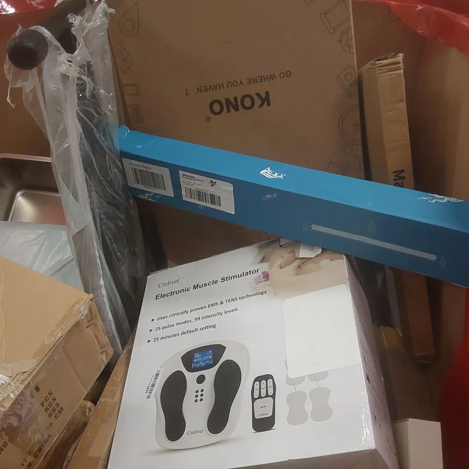 PALLET CONTAINING A LARGE QUANTITY OF ASSORTED ITEMS INCLUDING: IRONING BOARD, ELECTRONIC MUSCLE STIMULATOR, LED AQUARIUM LIGHT ECT