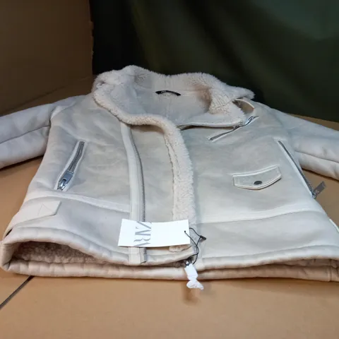 ZARA OFF WHITE BORG LINED BIKER STYLE JACKET - LARGE