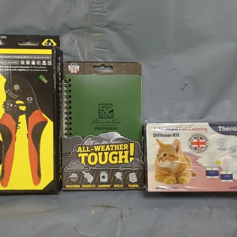 APPROXIMATELY 8 ASSORTED HOUSEHOLD ITEMS TO INCLUDE CAT CALMING DIFFUSER KIT, NOTEPAD, RATCHET CRIMPING PLIERS, ETC