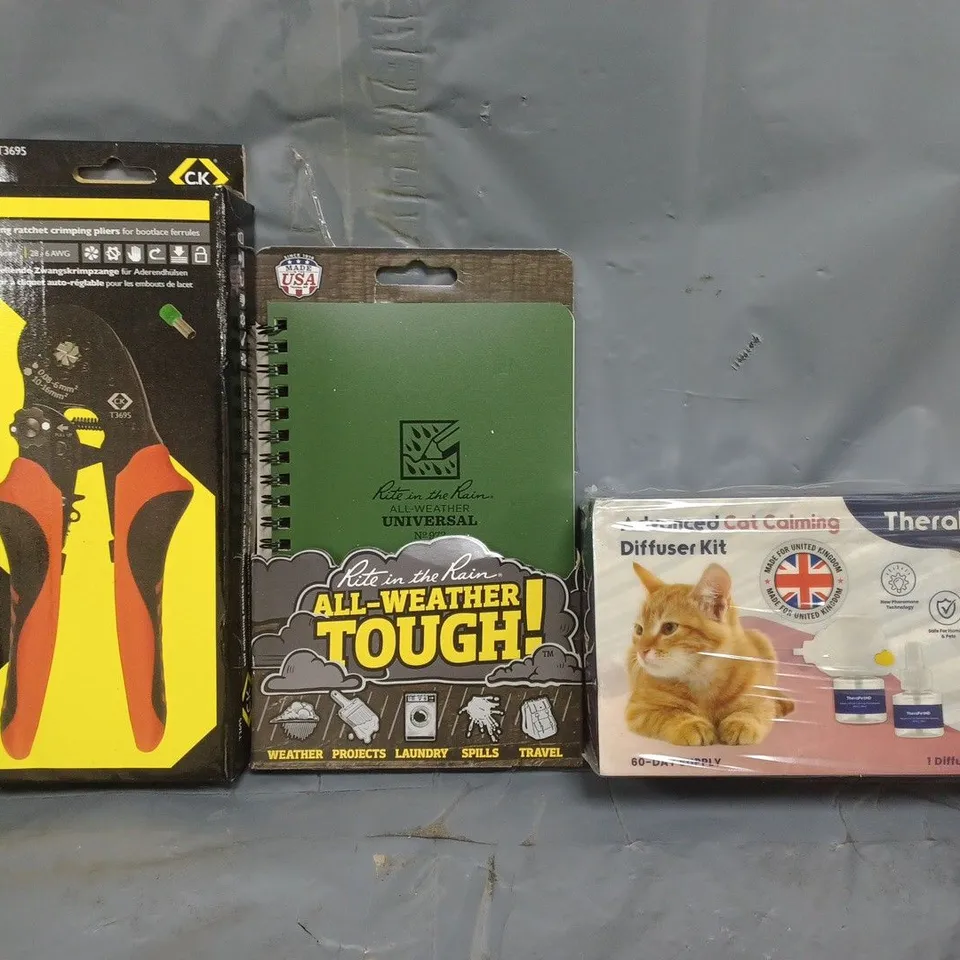 APPROXIMATELY 8 ASSORTED HOUSEHOLD ITEMS TO INCLUDE CAT CALMING DIFFUSER KIT, NOTEPAD, RATCHET CRIMPING PLIERS, ETC