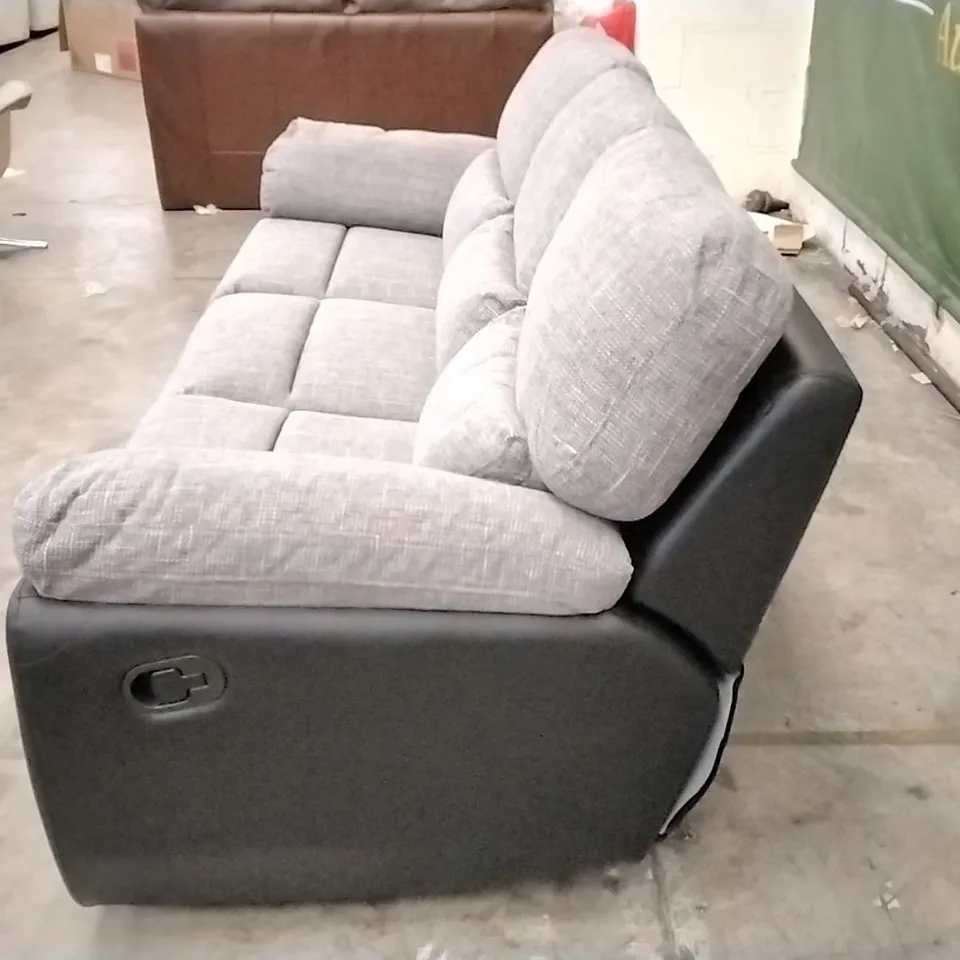 QUALITY DESIGNER SANTORI 3 SEATER RECLINER SOFA - BLACK LEATHER/GREY FABRIC 