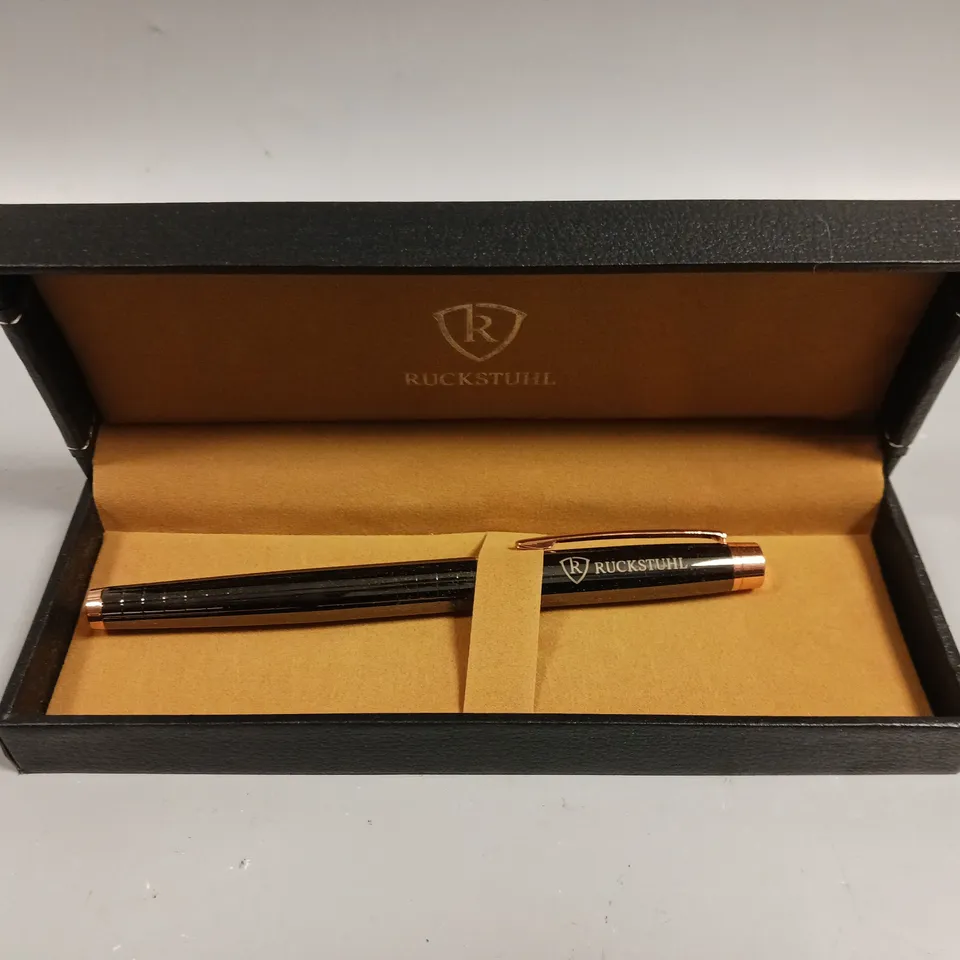 RUCKSTUHL STAINLESS STEEL LUXURY PEN IN GIFT BOX – BLACK & ROSE GOLD COLOUR CASE