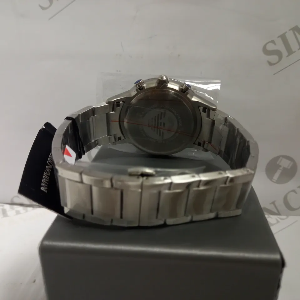 EMPORIO ARMANI TRIPLE DIAL WATCH WITH SILVER EFFECT BRACELET STRAP