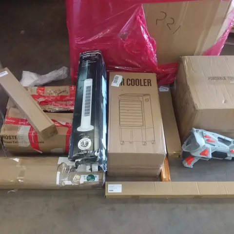 PALLET OF ASSORTED ITEMS INCLUDING AIR COOLER, NUEVO, RUSSELL HOBS TOWER FAN, EURO HOME, PORTABLE TOILET, MB-601 WATER GUN