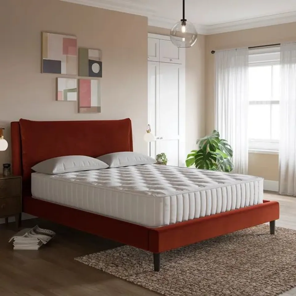 BOXED SKYLAR VELVET PILLOW BACK BED FRAME - 5' KING, ORANGE UMBER (2 BOXES)